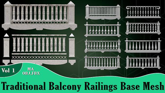 Traditional Balcony Railings Base Mesh Vol 1 Low-poly 3D model