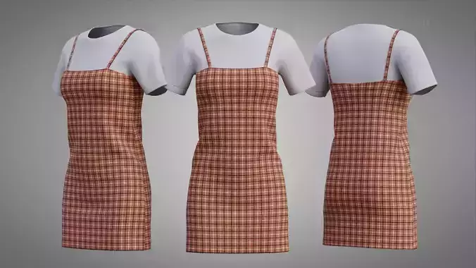 Solid T-shirt and Plaid Camisole dress Outfit Low-poly 3D model