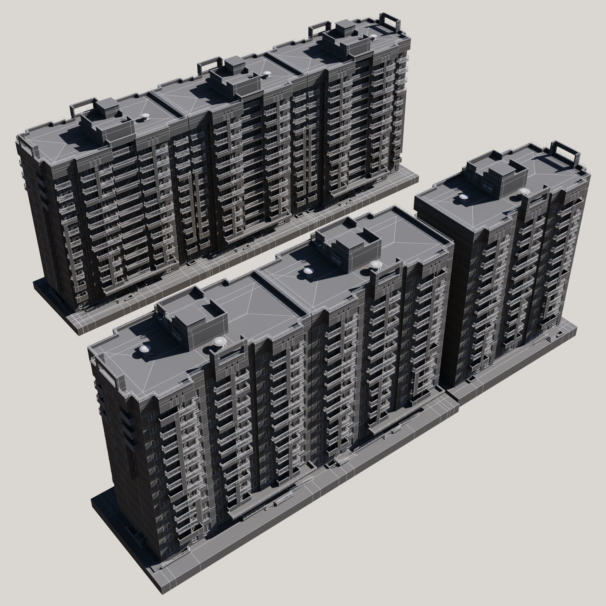 Set of multi-story apartment buildings 3D model_8