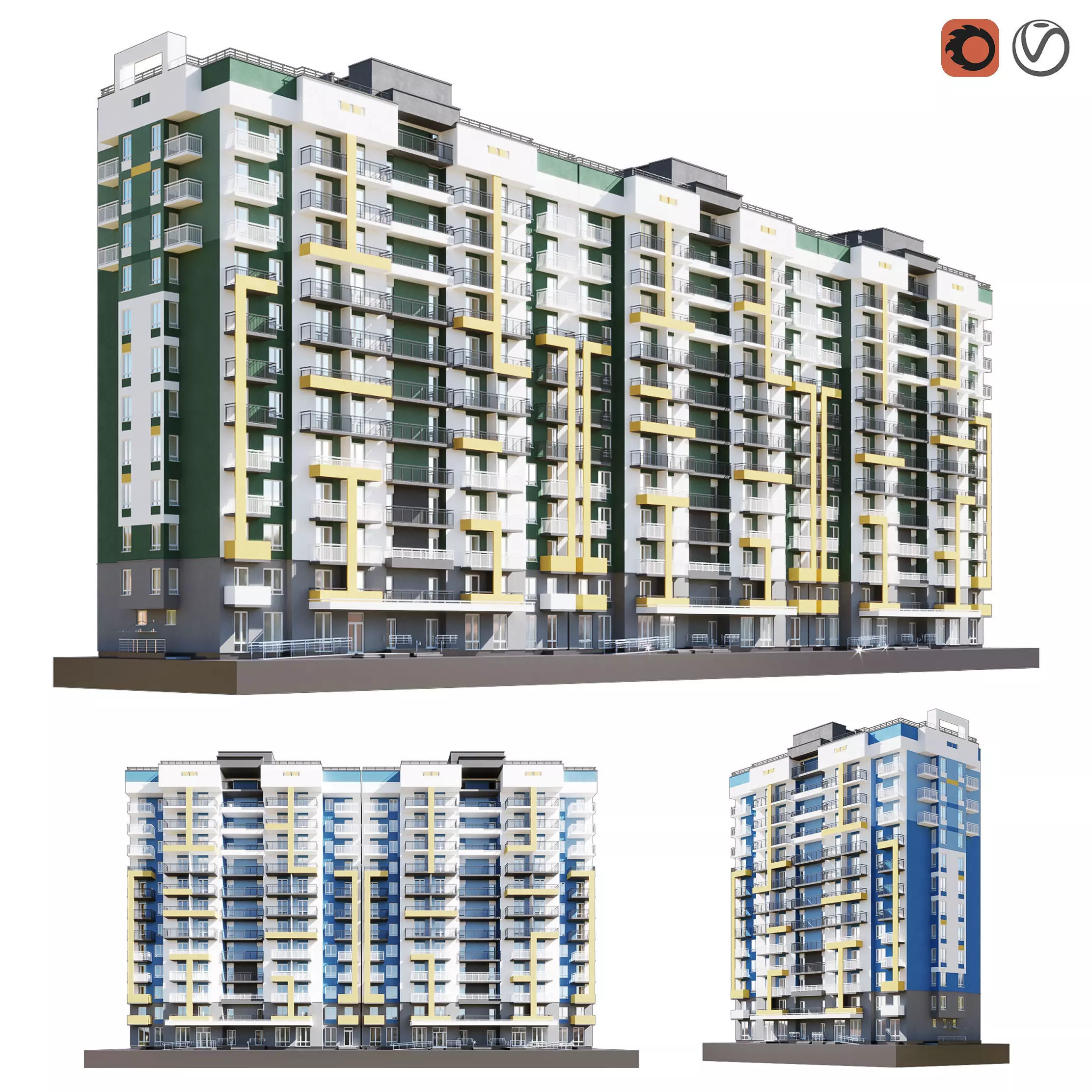 Set of multi-story apartment buildings 3D model_0