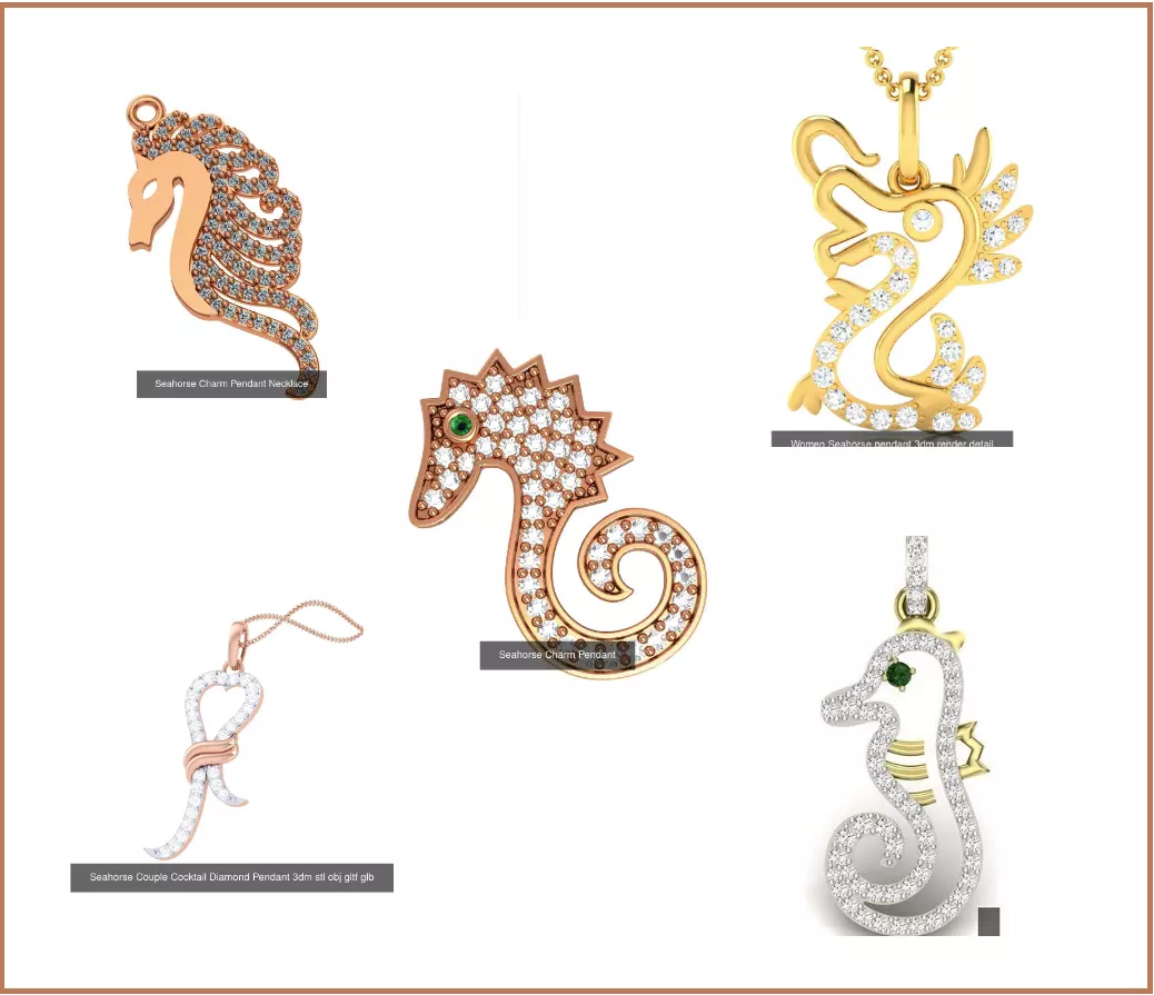5 Seahorse Charm Pendant Necklace 3D Model Collection_0