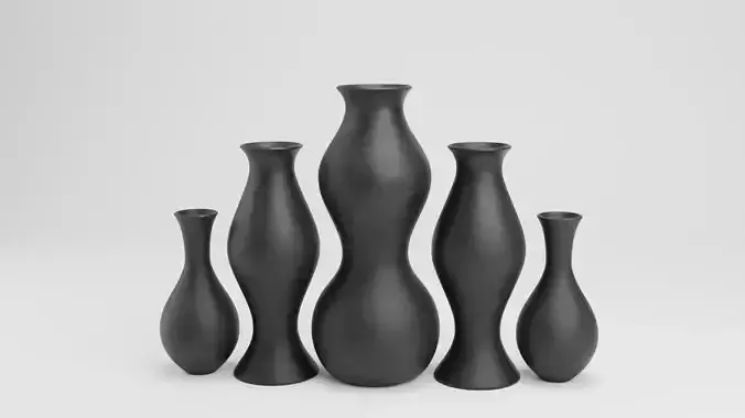 Set of realistic 3D models of ceramic black vases
