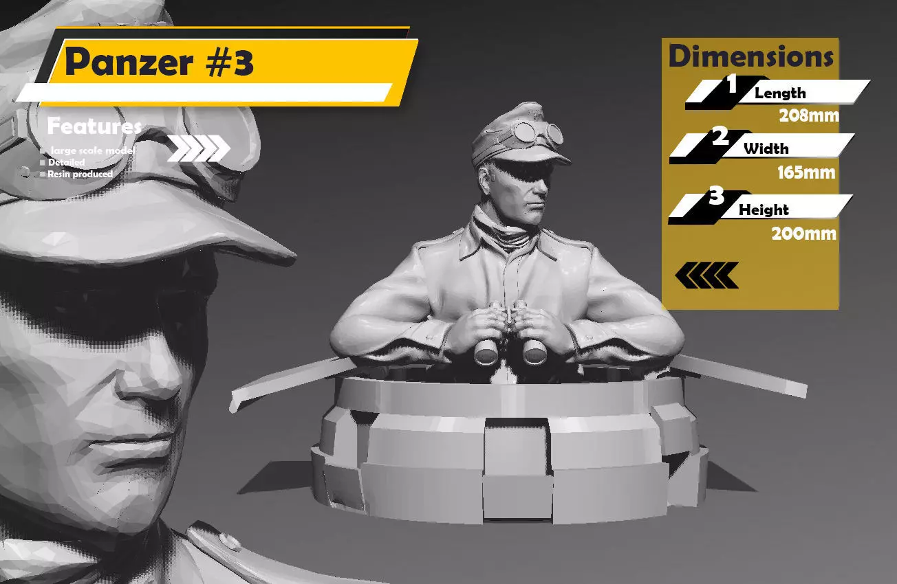 200mm WWII German Panza Tank commander bust No 2 3D print model_0