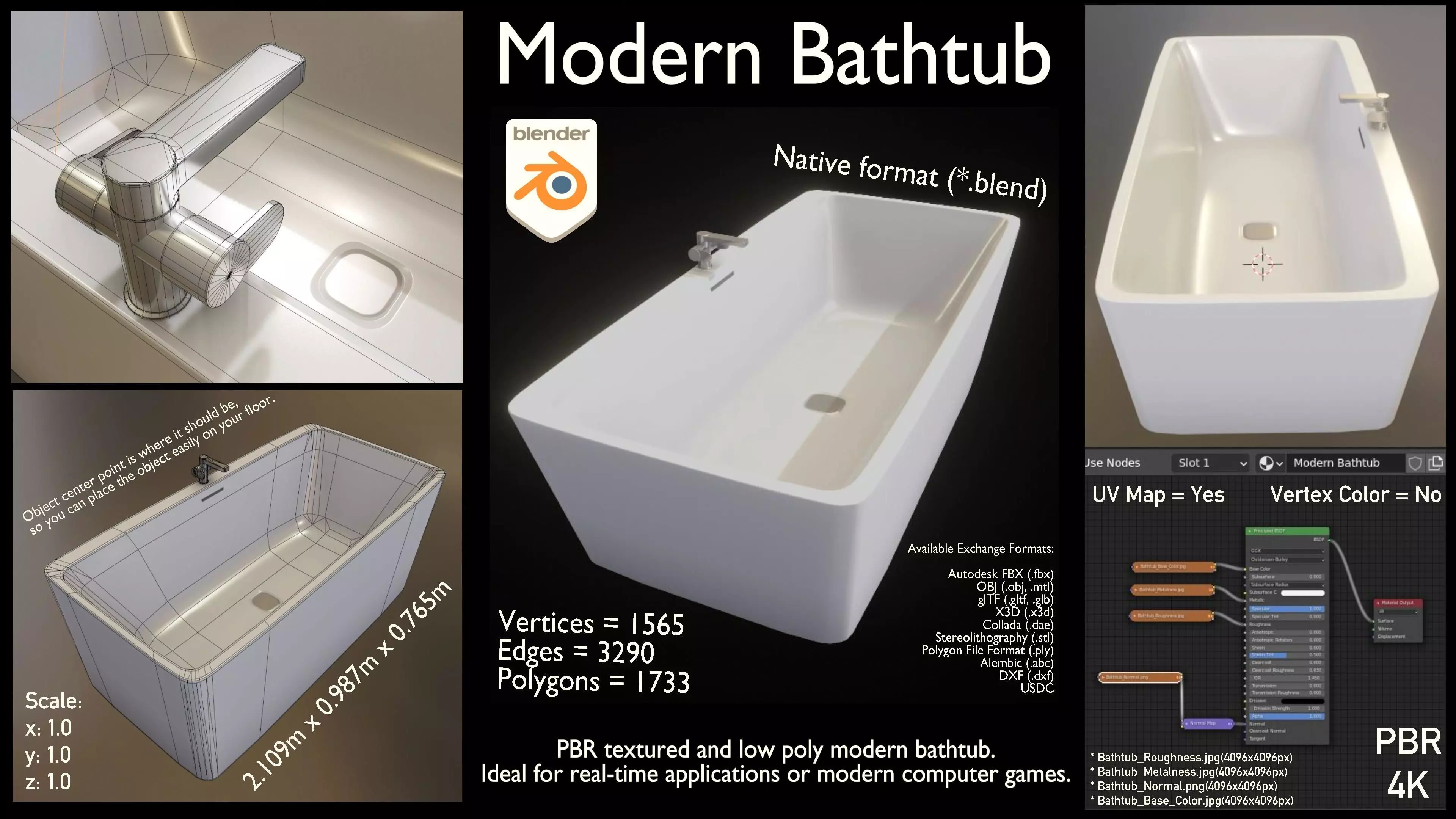 Modern Bathtub Low-poly 3D model_0