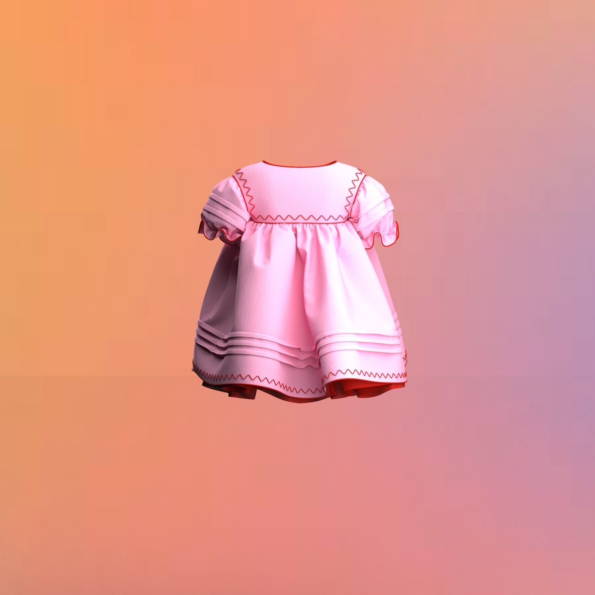  pink 60s babydoll dress with red detailing 3D model_5