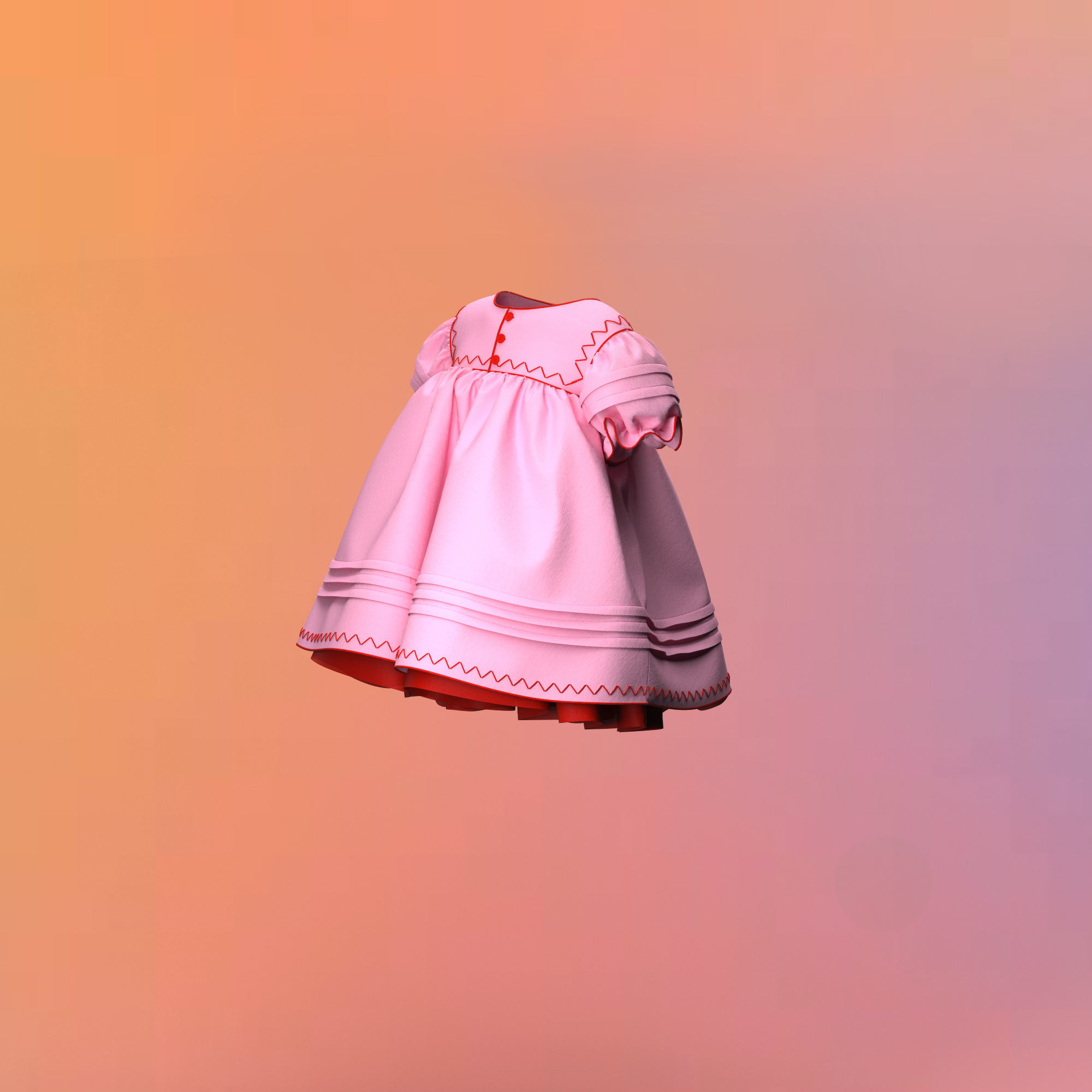  pink 60s babydoll dress with red detailing 3D model_1