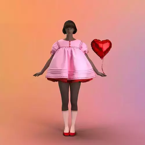  pink 60s babydoll dress with red detailing 3D model