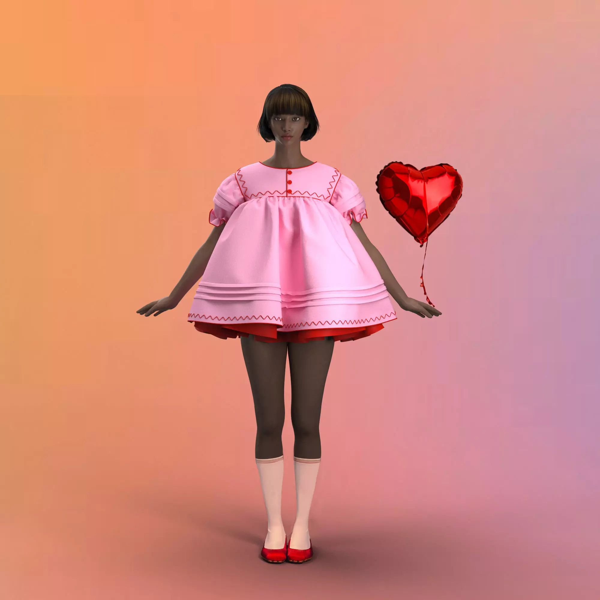  pink 60s babydoll dress with red detailing 3D model_0