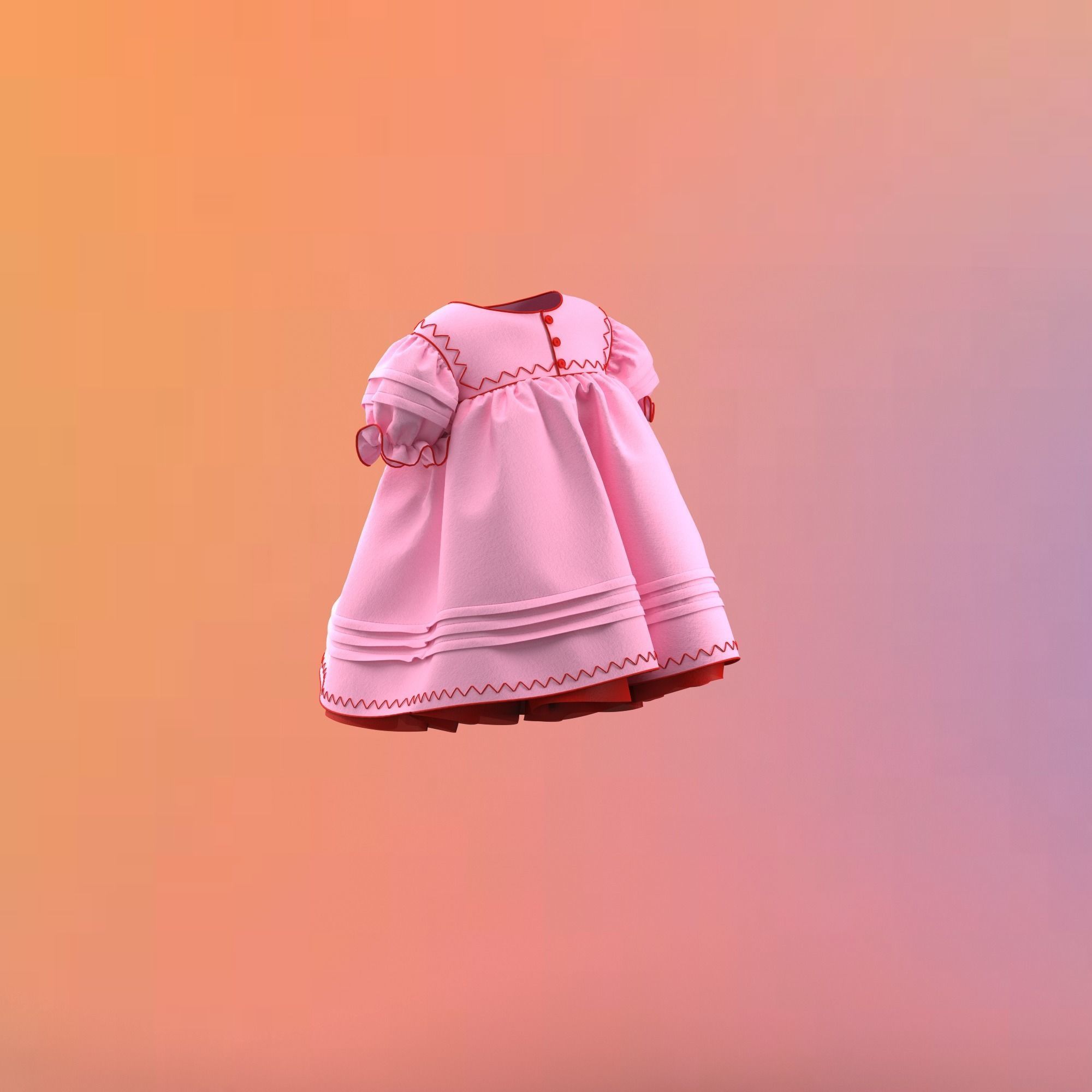  pink 60s babydoll dress with red detailing 3D model_6