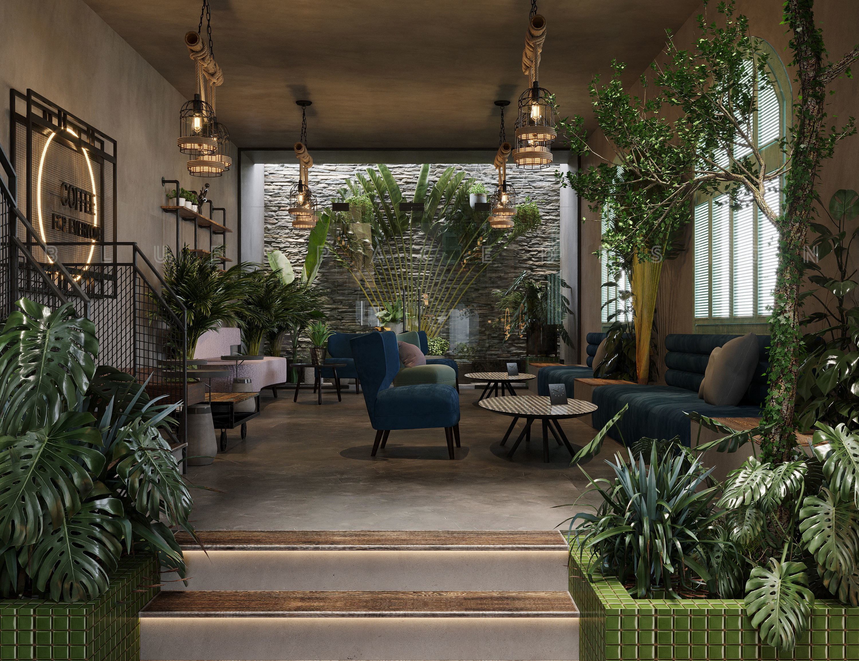 Coffee Shop Tropical design Realistic render 3D model_4