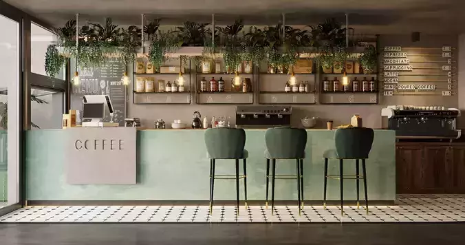 Coffee Shop Tropical design Realistic render 3D model