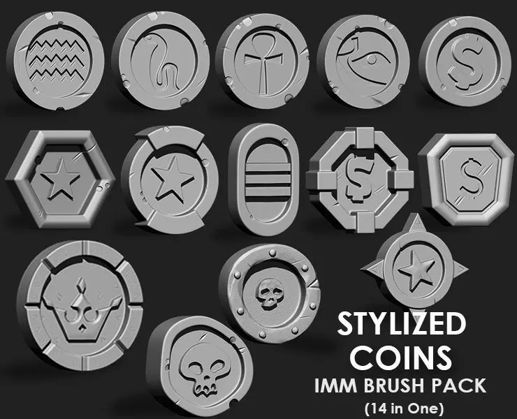 Stylized Coins IMM Brush Pack 14 in One 3D model
