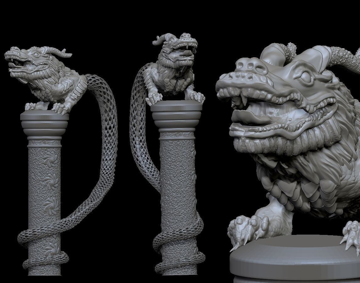 Dragon on a stand with lace tail 3D print model_3