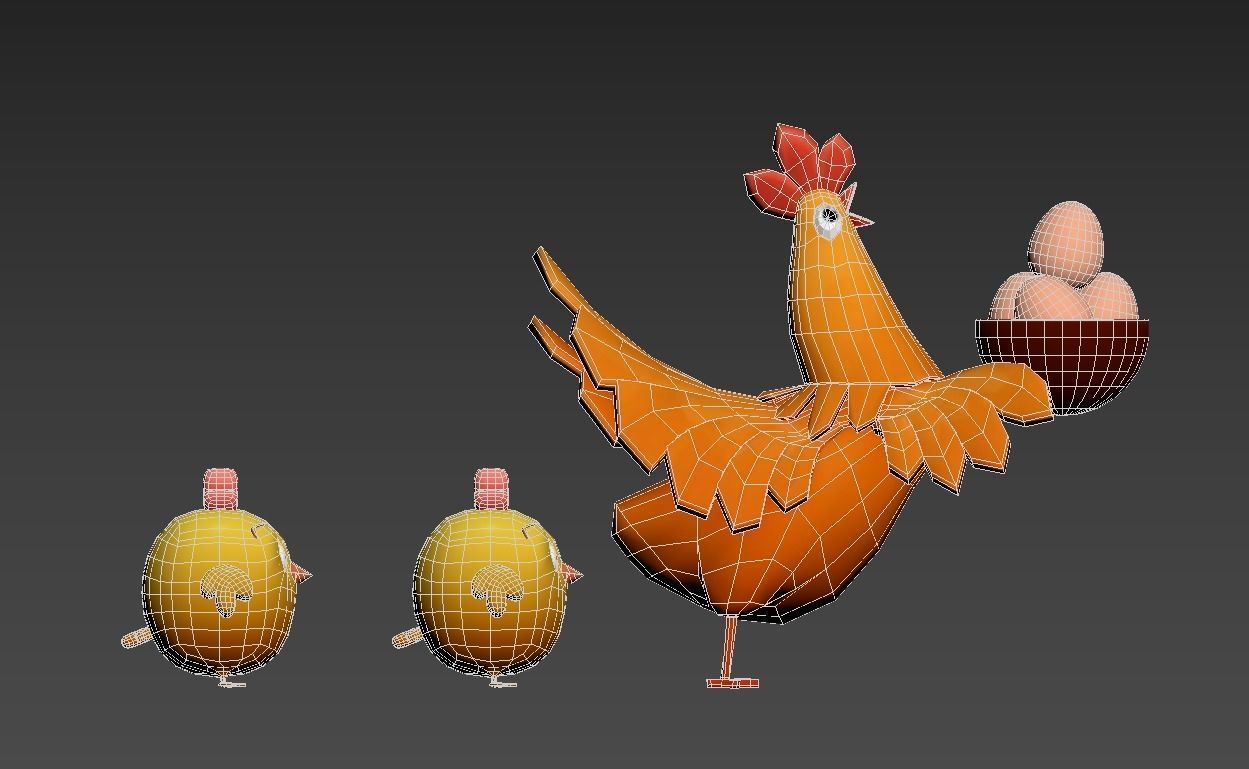 cartoon rooster hen with chick Low-poly 3D model_17