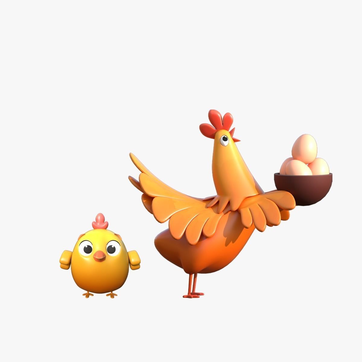 cartoon rooster hen with chick Low-poly 3D model_6