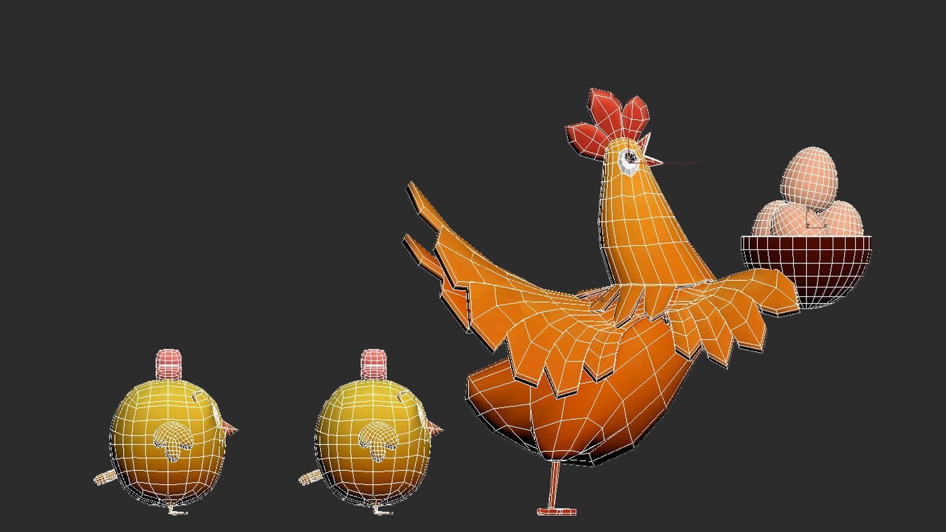 cartoon rooster hen with chick Low-poly 3D model_7