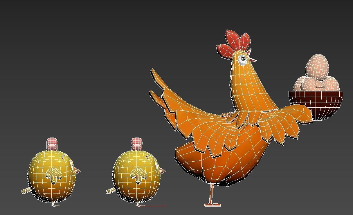 cartoon rooster hen with chick Low-poly 3D model_11