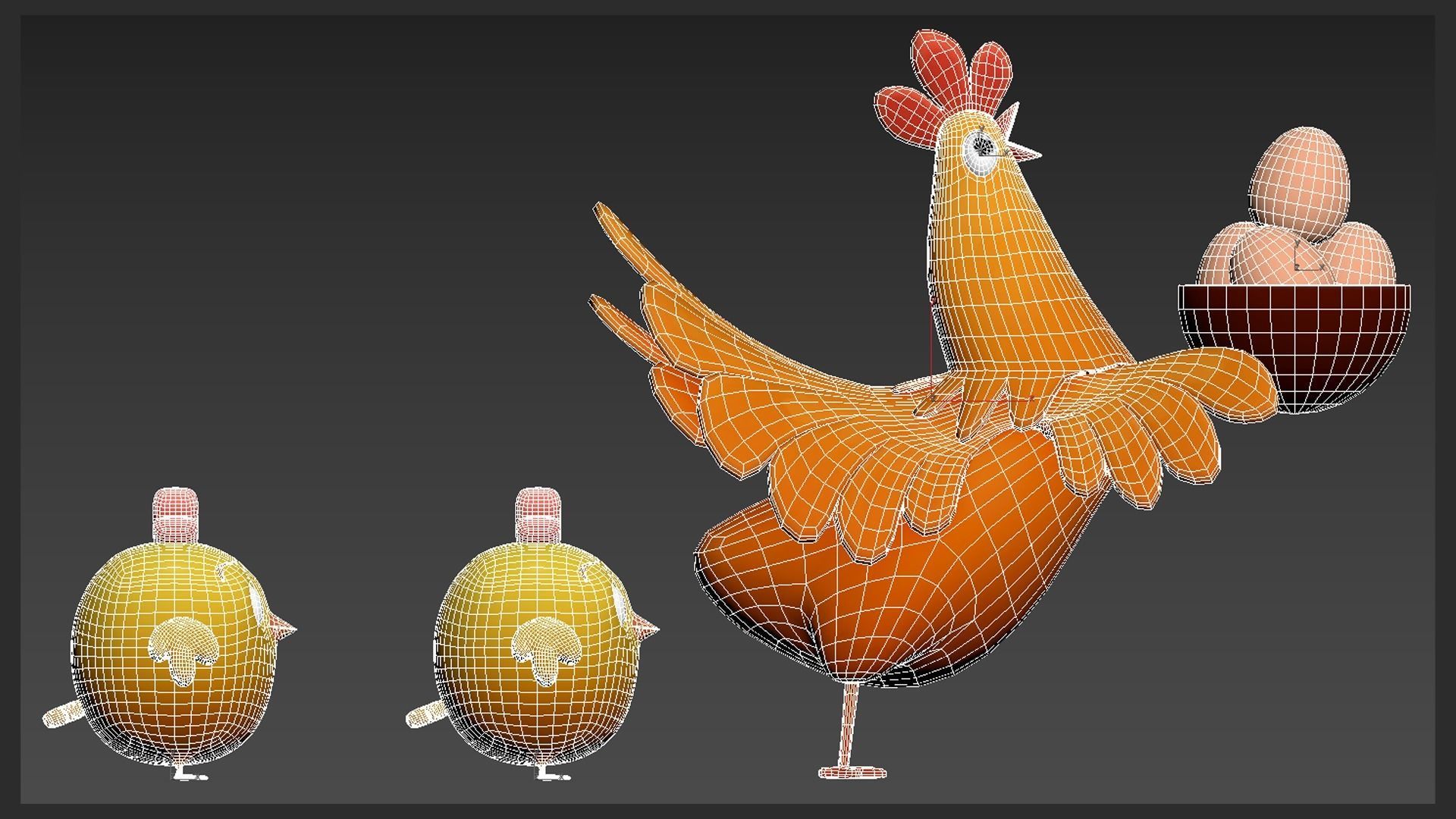 cartoon rooster hen with chick Low-poly 3D model_8