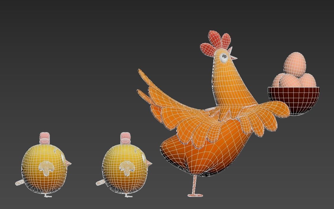 cartoon rooster hen with chick Low-poly 3D model_19