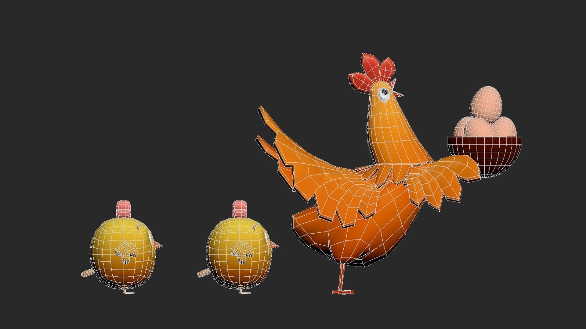 cartoon rooster hen with chick Low-poly 3D model_9