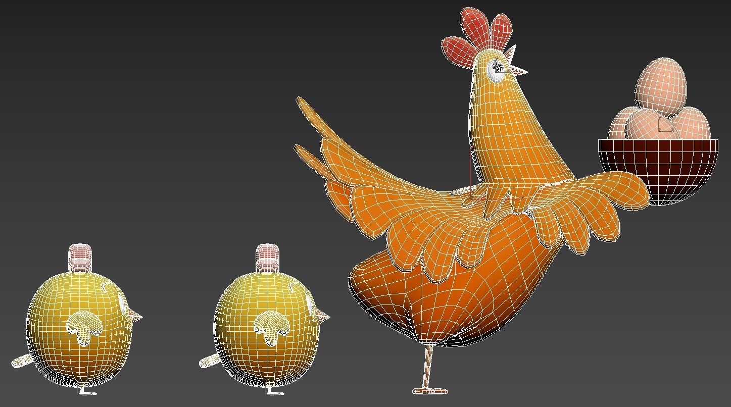 cartoon rooster hen with chick Low-poly 3D model_18