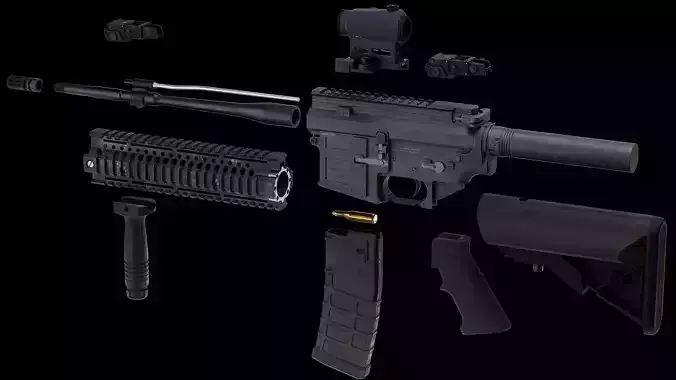 Modular Assault Rifle Collection - M4 - 5E - PRO Low-poly 3D model
