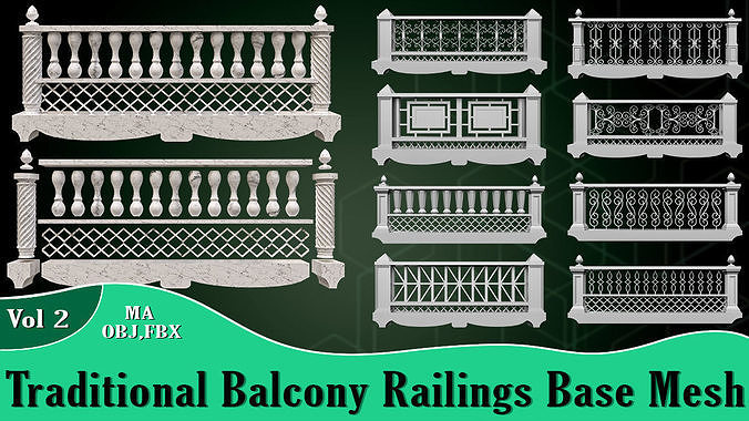 Traditional Balcony Railings Base Mesh Vol 2 Low-poly 3D model