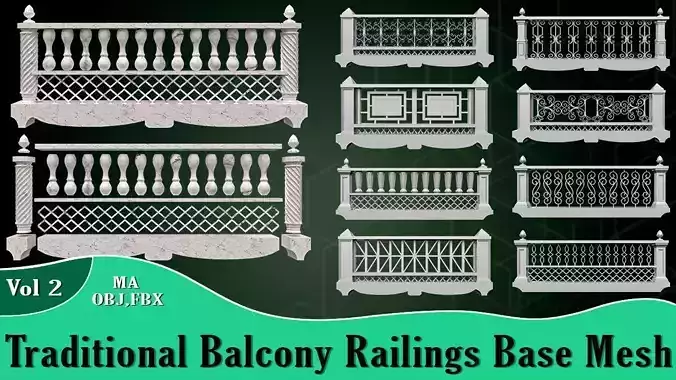 Traditional Balcony Railings Base Mesh Vol 2 Low-poly 3D model