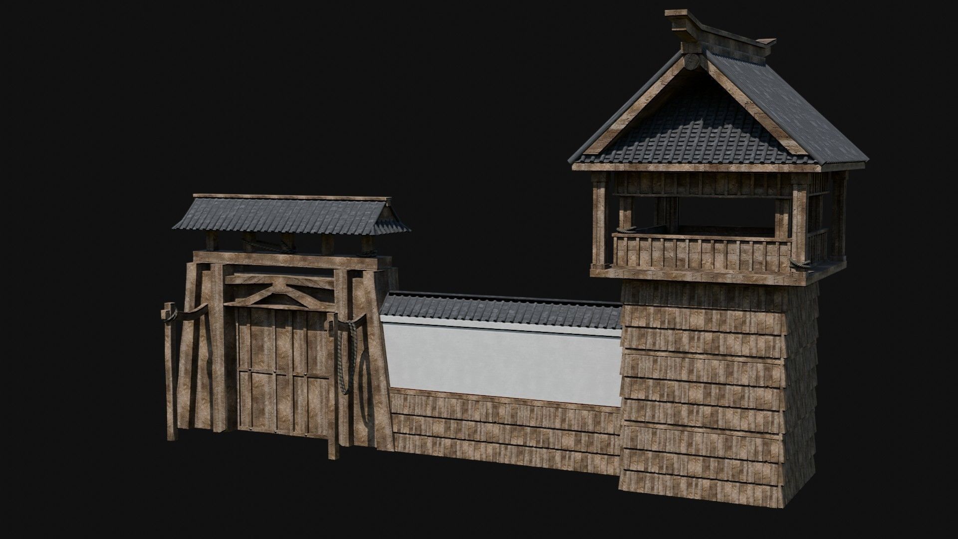 MODULAR JAPANESE WALLS PALISADE FEUDAL FENCE BARRIER COLLECTION Low-poly 3D model_21