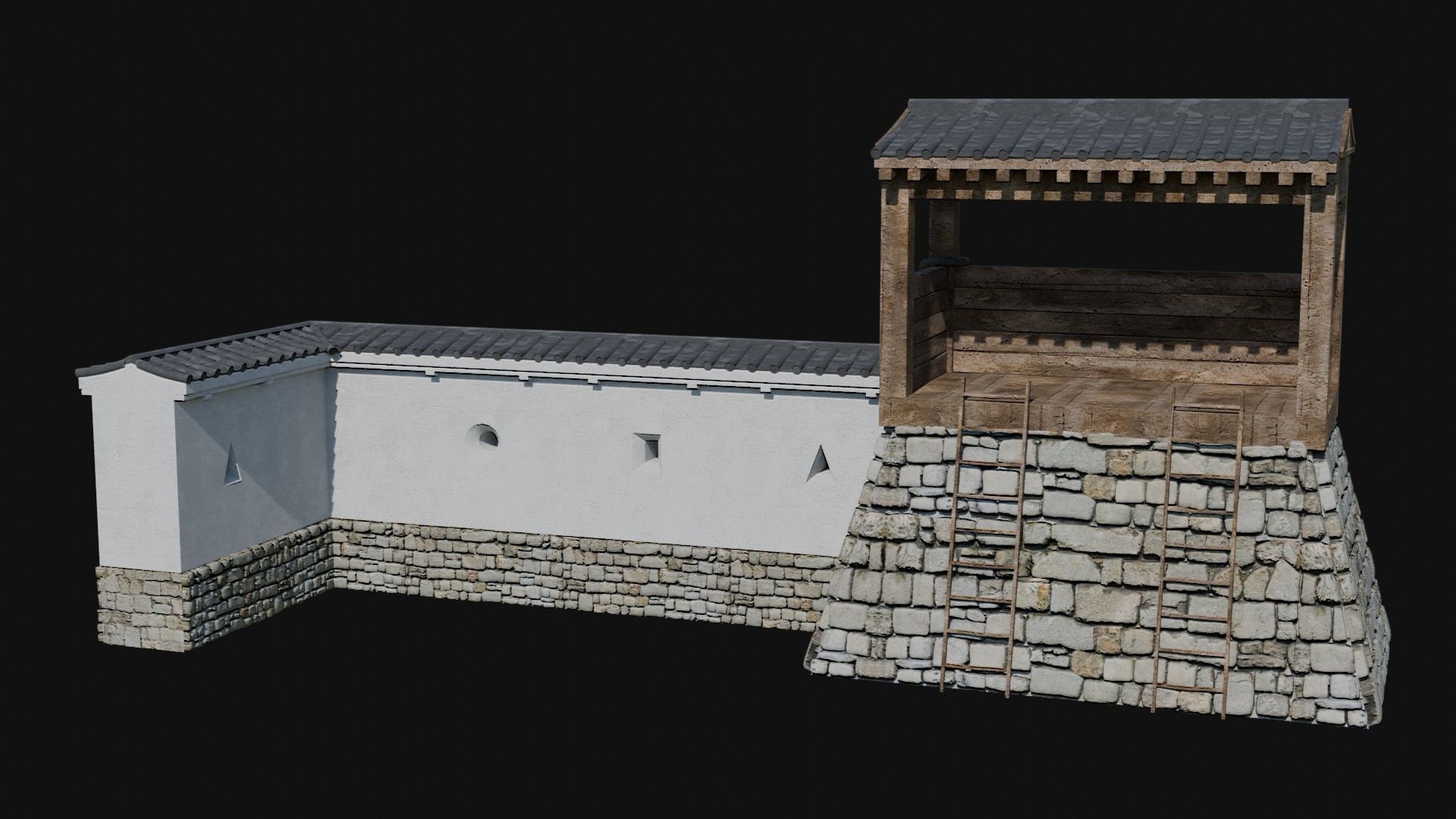 MODULAR JAPANESE WALLS PALISADE FEUDAL FENCE BARRIER COLLECTION Low-poly 3D model_2