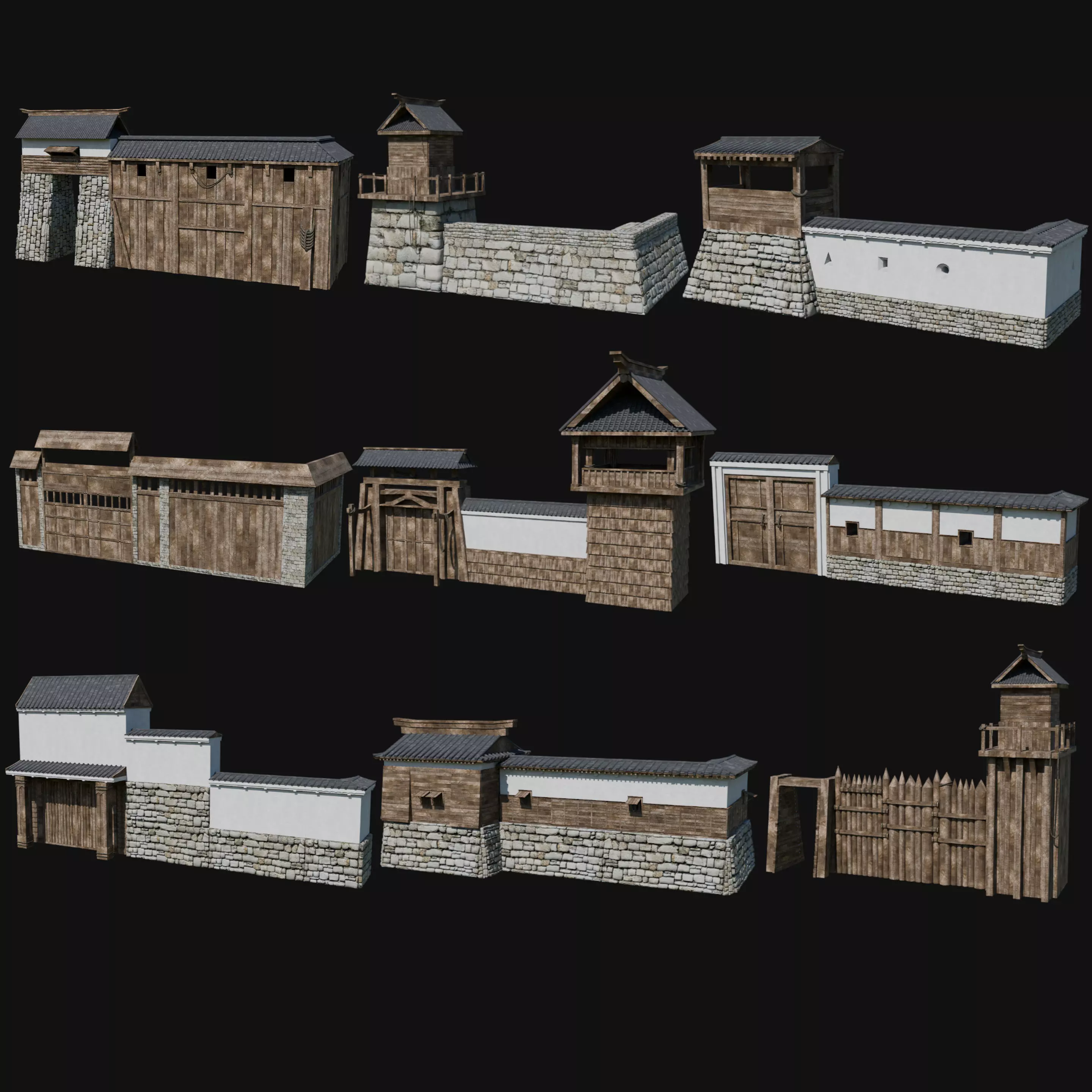 MODULAR JAPANESE WALLS PALISADE FEUDAL FENCE BARRIER COLLECTION Low-poly 3D model_0