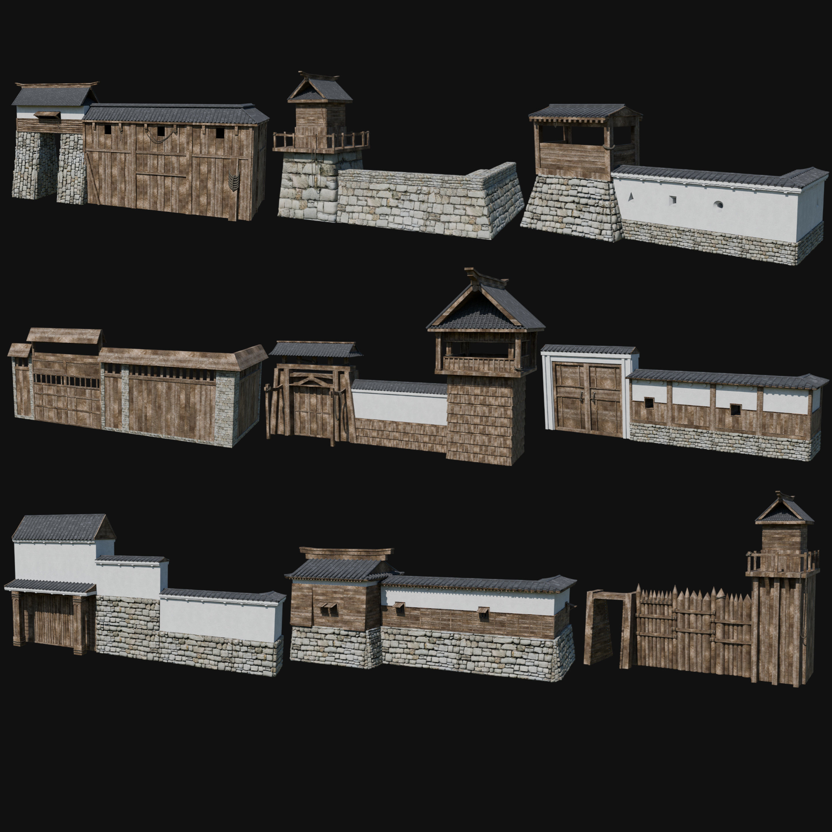 MODULAR JAPANESE WALLS PALISADE FEUDAL FENCE BARRIER COLLECTION Low-poly 3D model_37