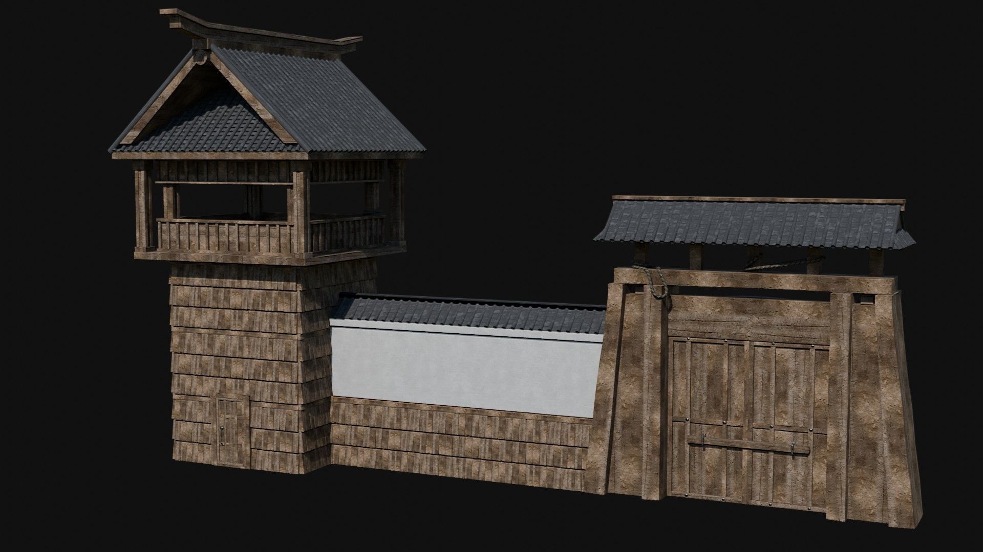 MODULAR JAPANESE WALLS PALISADE FEUDAL FENCE BARRIER COLLECTION Low-poly 3D model_22