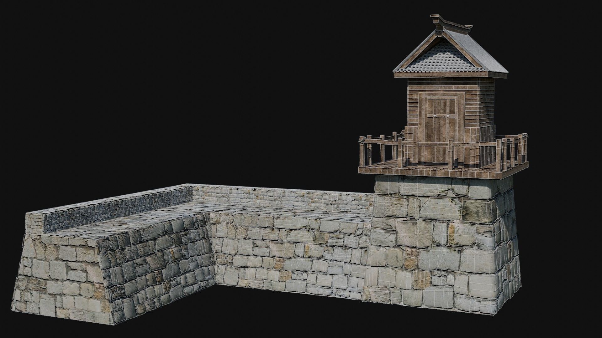 MODULAR JAPANESE WALLS PALISADE FEUDAL FENCE BARRIER COLLECTION Low-poly 3D model_32