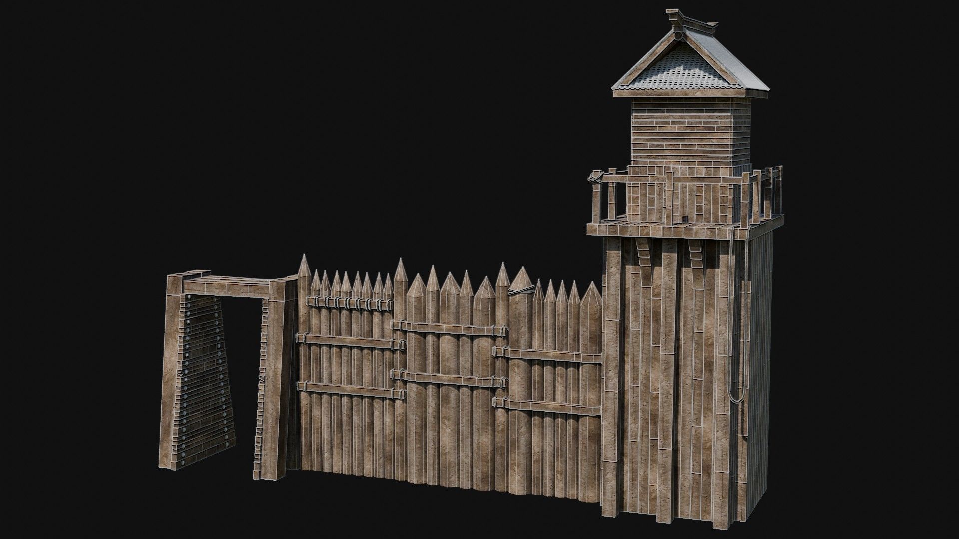 MODULAR JAPANESE WALLS PALISADE FEUDAL FENCE BARRIER COLLECTION Low-poly 3D model_27