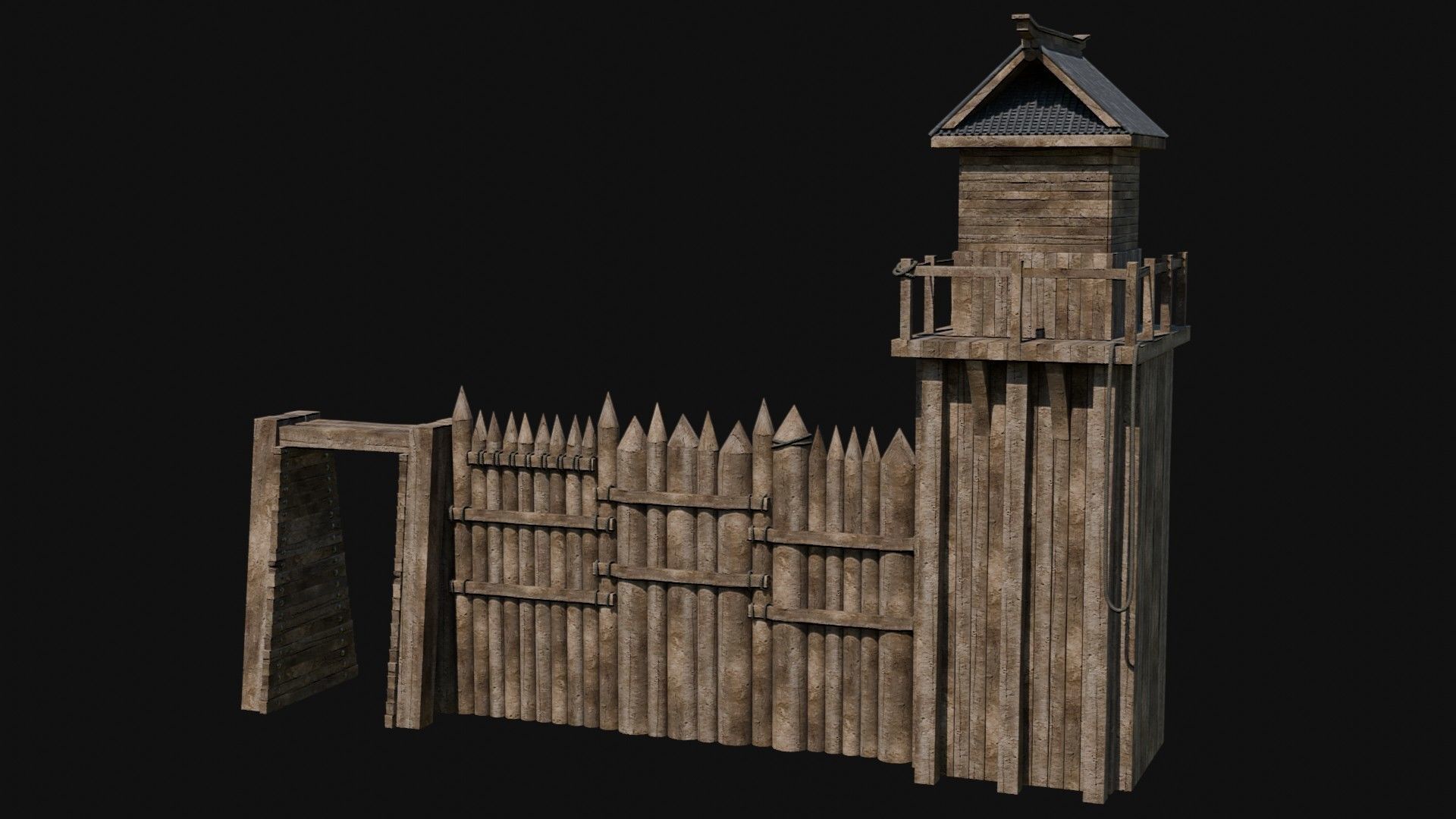 MODULAR JAPANESE WALLS PALISADE FEUDAL FENCE BARRIER COLLECTION Low-poly 3D model_25