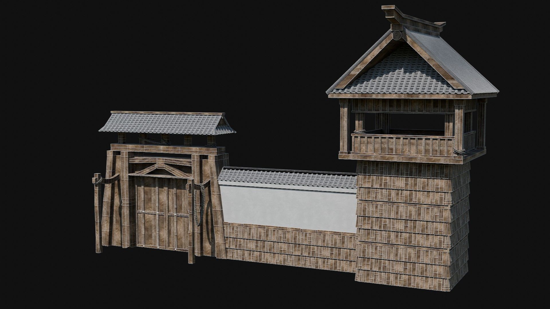 MODULAR JAPANESE WALLS PALISADE FEUDAL FENCE BARRIER COLLECTION Low-poly 3D model_23