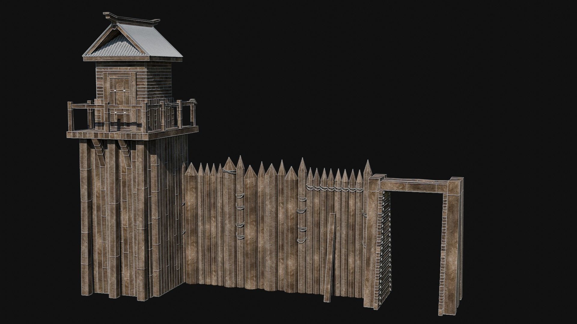 MODULAR JAPANESE WALLS PALISADE FEUDAL FENCE BARRIER COLLECTION Low-poly 3D model_28