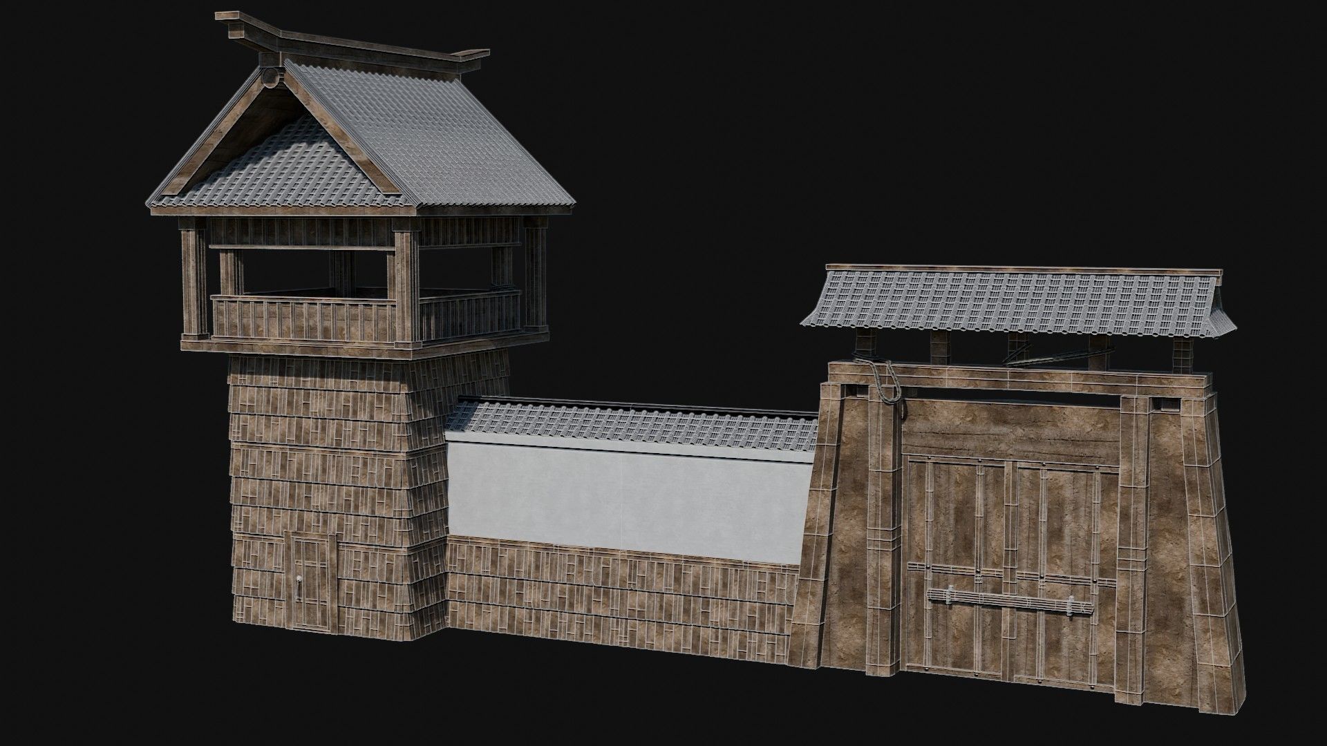 MODULAR JAPANESE WALLS PALISADE FEUDAL FENCE BARRIER COLLECTION Low-poly 3D model_24
