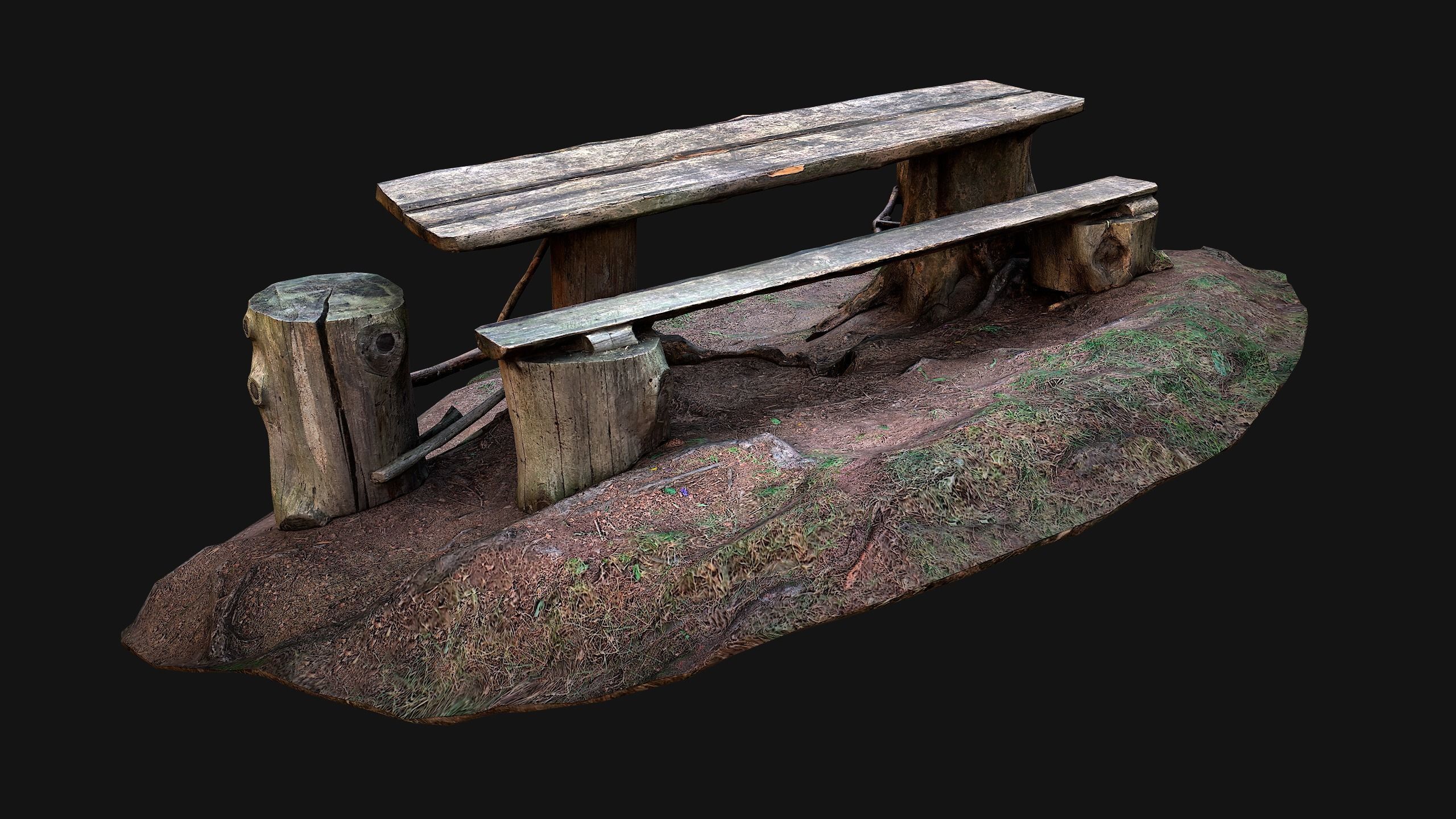 Medieval Wooden Bench and Table in the Mountains Low-poly 3D model_8