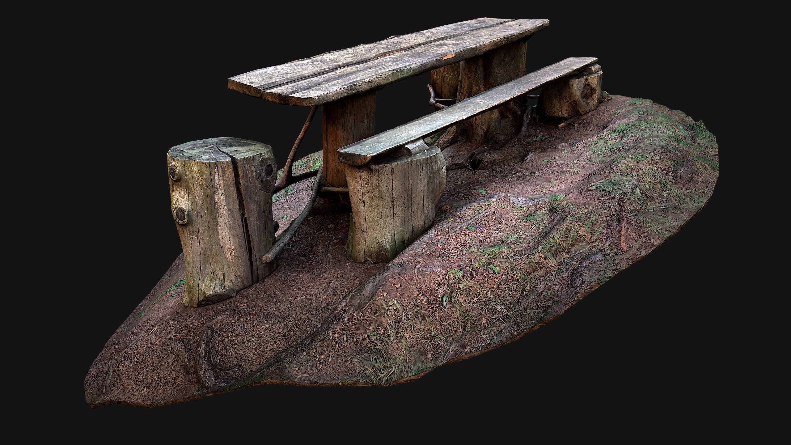 Medieval Wooden Bench and Table in the Mountains Low-poly 3D model_7