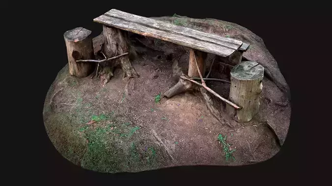 Medieval Wooden Bench and Table in the Mountains Low-poly 3D model