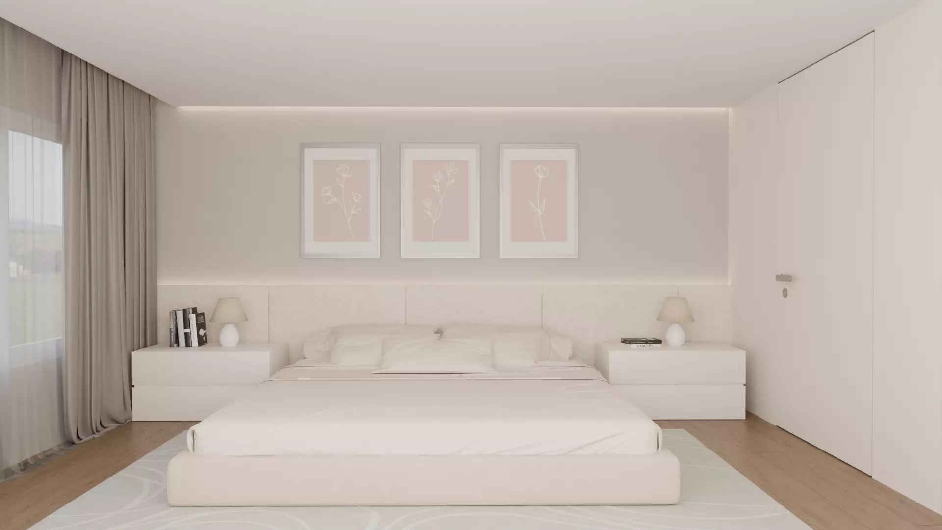 Minimalist beige neutral bedroom architectural visualization Free 3D model_0