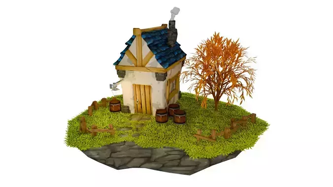 A Low Poly small house on a flying island