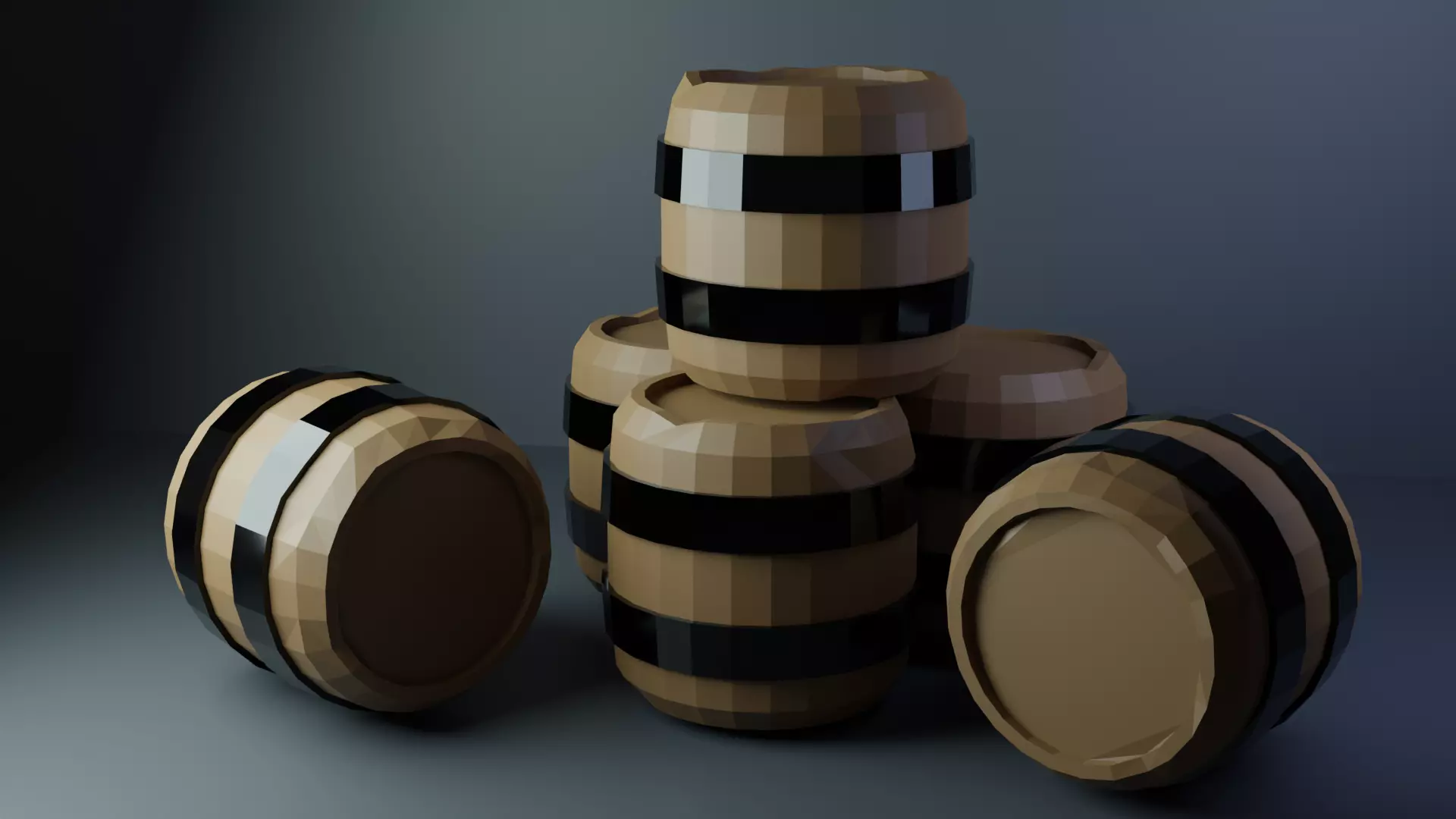 Low Poly Barrel set with 6 barrels Free low-poly 3D model_0