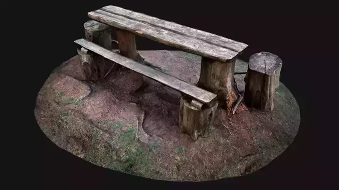 Wooden Table Bench Stump resting place in the Forest Low-poly 3D model