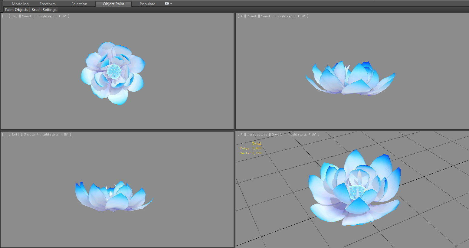 A blue lotus - Cartoon lotus - Open stamens - Mutant lotus Low-poly 3D model_4