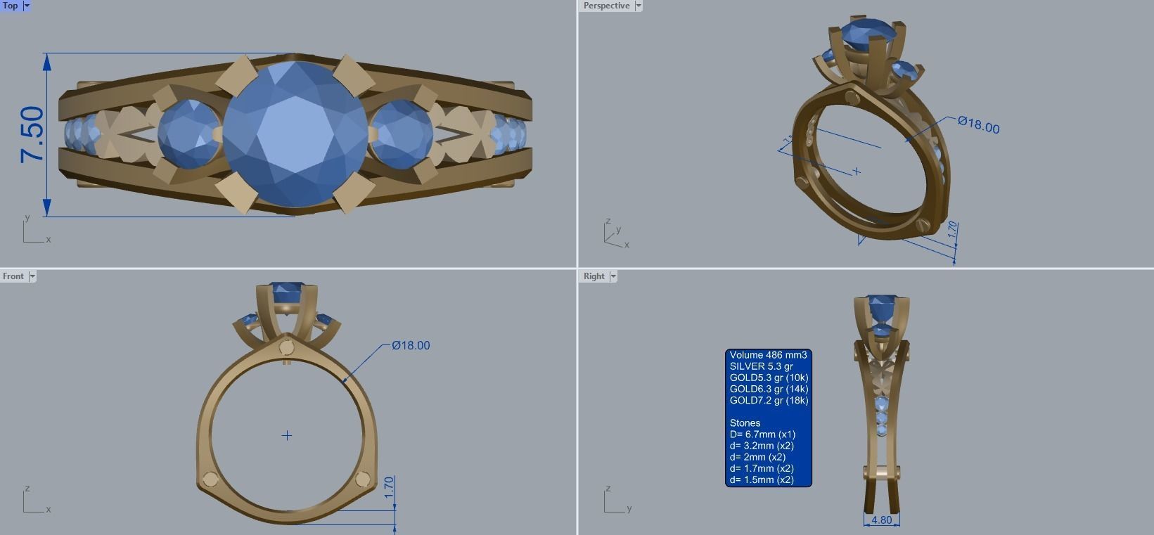 R 024 three stone ring all sizes in 2 version 3D print model_13