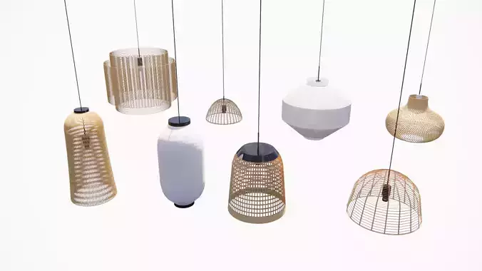 Woven Rattan Pendant Lamps and Chinese Lantern  3D model