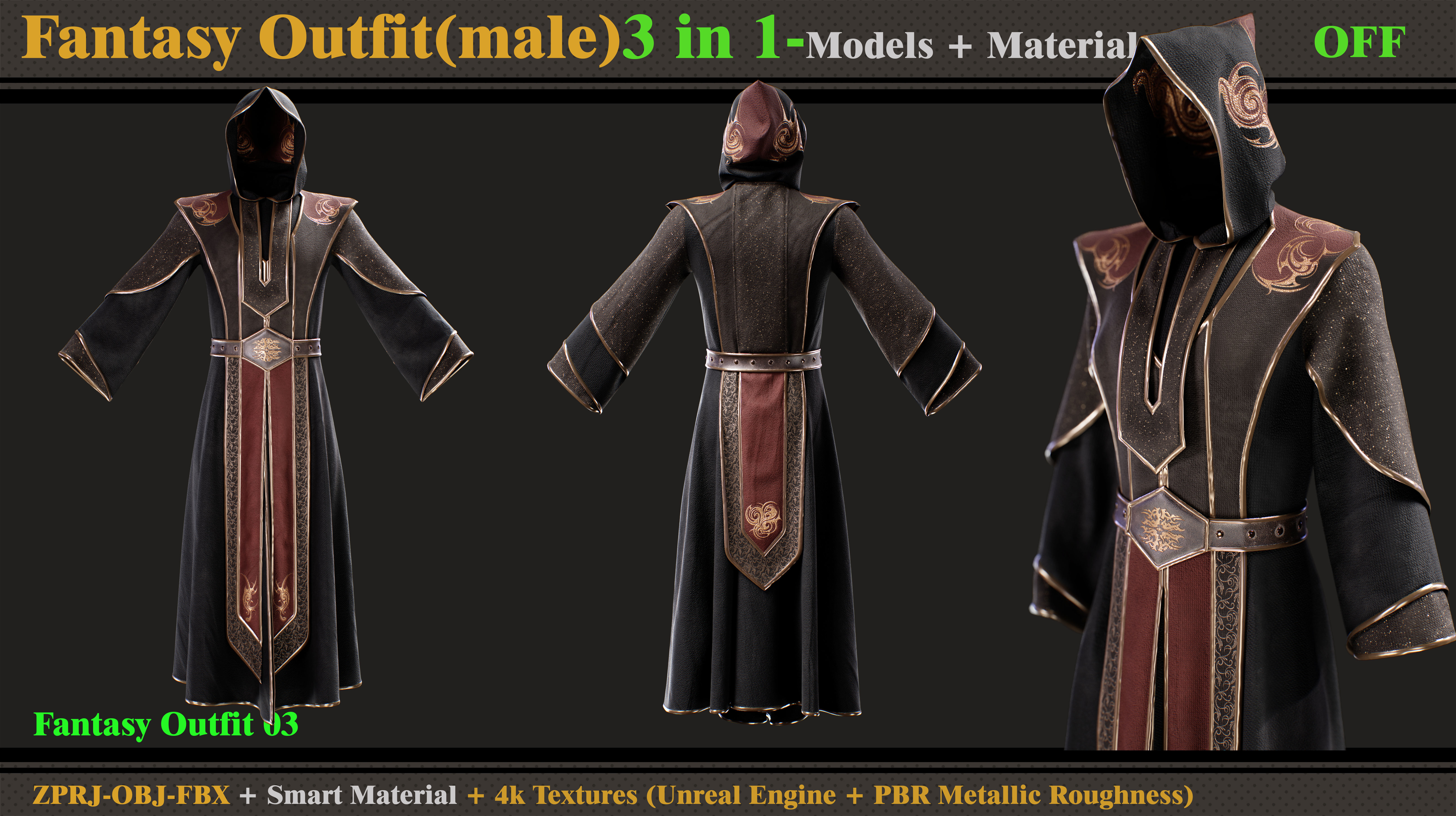 3 in 1 Fantasy Outfit-MD-Clo3d-OBJ-FBX- Smart Material- Textures 3D model_2